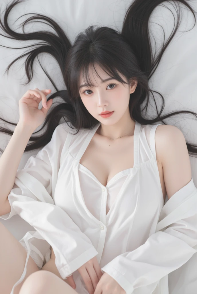 40k、photograph、、Highest quality、(1. Beautiful eyes、Light Hair、White skin、Mr. Miss.々Pose、((Medium chest、:1.1))、Highest quality、Tabletop、Ultra-high resolution、(Real:1.4)、RAWphotograph、(Perfect Figure)、(slim、:1.3)。 3)、Slim abdomen、((Golden-haired woman)),((Straight bangs、Princess bangs)),((Very heavy、Very voluminous bangs:1.1)),((Very long、Very heavy、Very voluminous side locks:1. 1))、Hime cut、Straight bangsヘアスタイル、Long Hair、The bangs are cut straight、(masterpiece、Highest quality:1. 5), (Ultra-fine 8K CG:1.4), (Hyperrealistic:1.25), (Photorealistic:1.25), (Real:1.4), COWBOY SHOT, (View from above:1.35), (from the front:1.4), (smile:1.3)、。 1 Japan Beautiful Girl、19 years old、Supermodel、Japanese Idols、(smile)、(Medium sized chest)、Sweat Muscles、(Off-the-shoulder semi-transparent white maid outfit:1.4)、COWBOY SHOT (Black and white monotone maid outfit 1.1), (Lying in bed 1.4), (Lying on your back 1.1), (Put your head on the pillow 1.1), (Full Body Shot), ((Floral panties are visible on a white background))、8K、Highest quality、(Real、realism:1.37）、Highest quality、beautiful、Pensive expression、Charm、Captivating appearance、blue eyes、Light Skin Tone）((Dynamic Pose))、((Sexy pose))、((Raise your arms、Underarm)）、（top down：1.2）、