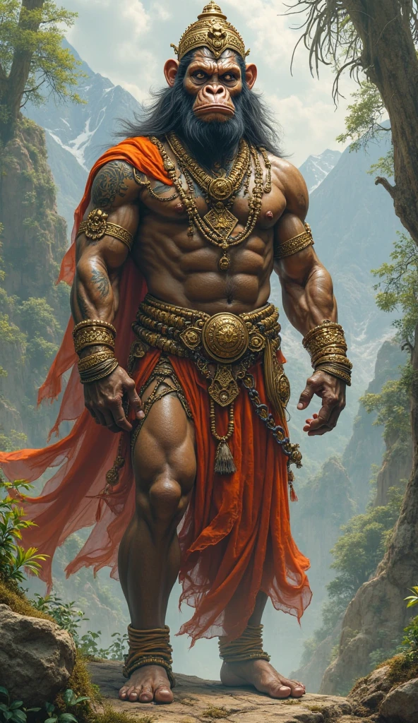 Orisha Black Man, rey, guerreyro, red or brown clothes, on a mountain, lifting a double-sided axe in his hand