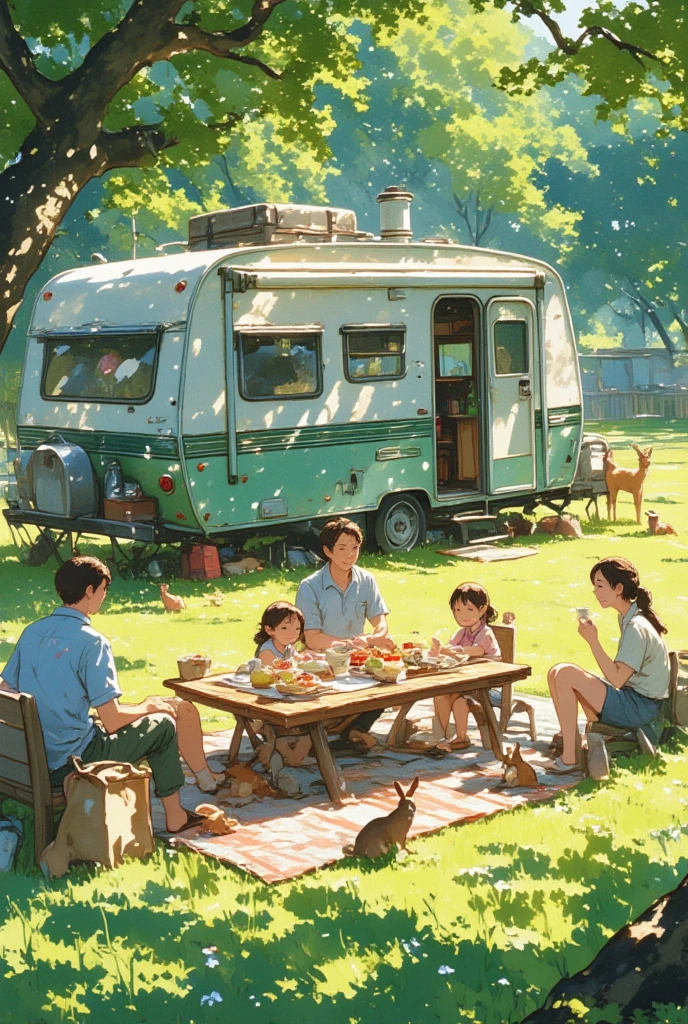high quality, oil painting with real details, 4K, Picnic scene in the bright sun outdoors, Adults and ren eating at a wooden picnic table on the grass, Sharing a peaceful lunch with friendly forest animals, rabbit,  squirrels, deer, birds, Comfortable camper parked nearby, chimney and roof luggage, Simple fruit, sandwich, Tea, Everyone is smiling and enjoying the moment, Soft watercolor brushstrokes, vivid and realistic