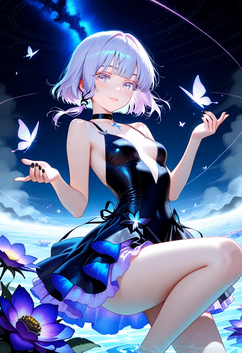 silber hair,butterflys,long whitr hair,8k wallpaper,detailedbackground,Highest high resolution,deep v big breasts,Hair covers one eye,Bandeau,chies,Purple roses,tight-fitting,