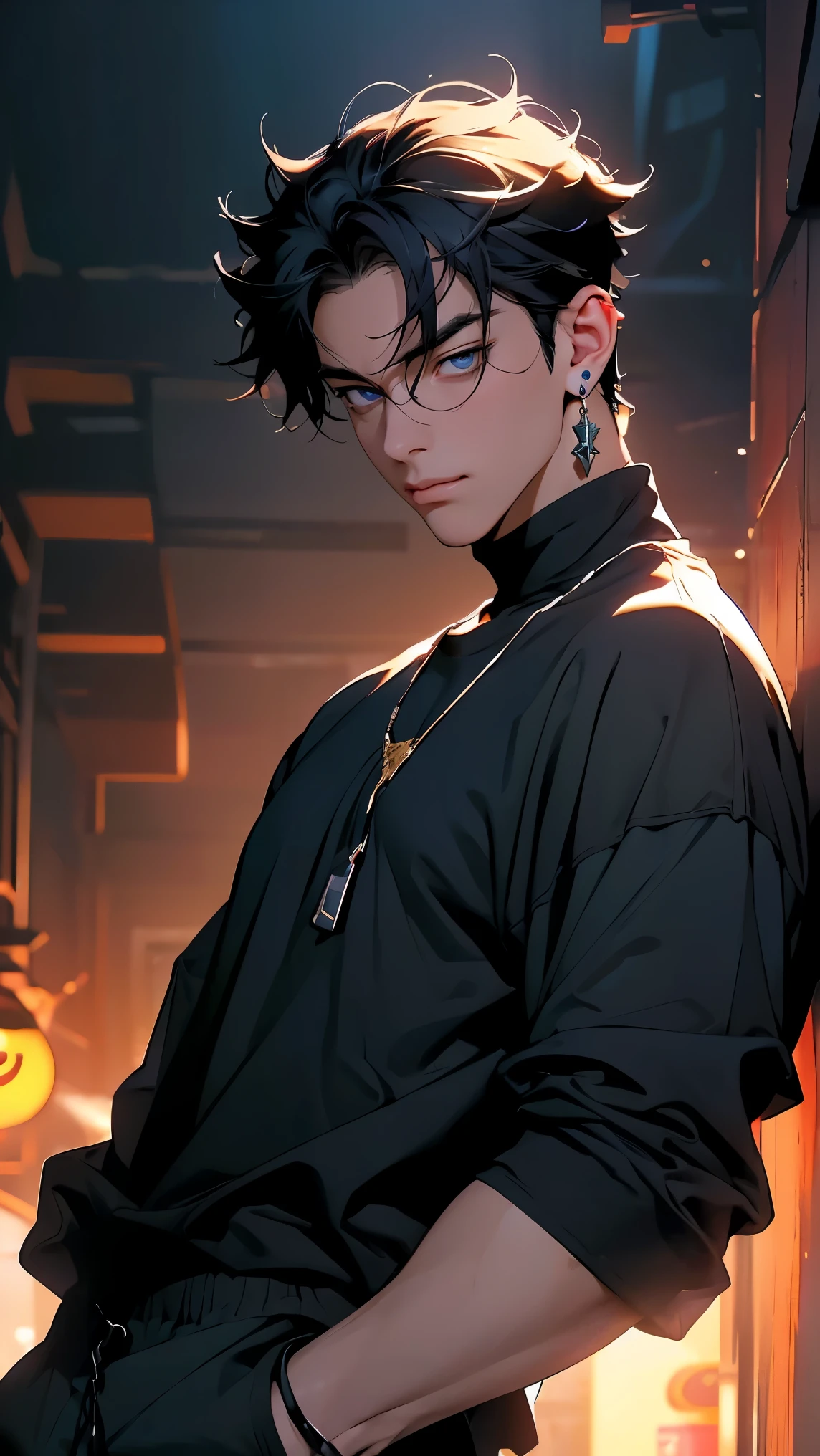 highest quality, 8,000, High Resolution Image, 动漫风格 Cyber Bar, ( Riosli/genshin impact), Detailed description, Bored expression, blurry, purple light reflection, (Close Angle), 1 man, Young, male, Model, Hands in pockets, cool guy, multicolored background with different geometric shapes, Stickers around, muscular, dark haired, blue eye, colorful hair, gray hair, hair between the eyes, Highlight hair, swollen chest. He is wearing a white shirt and black black sweatpants, black black sweatpants and a gold link chain, black sweatpants, background: Cyber Bar,