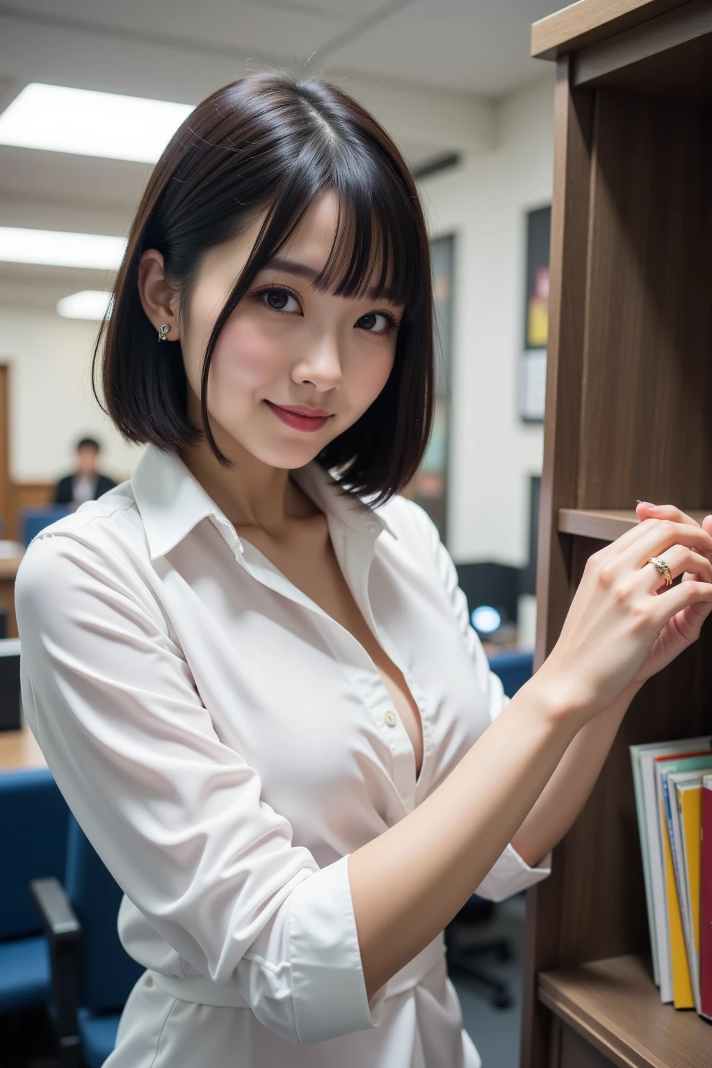 highest quality,Ultra-high resolution,girl,beautiful girl,Bob Hair,Clear double eyelids,Big Eyes,Slender face,{{{Beautiful face:1.5}}},smile,Naked Apron,logo,Sleeveless shirt with collar,Thigh Emphasis,Pussy in full view,Bookstore clerk