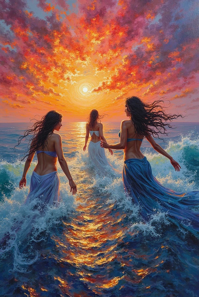 (best quality,8k,realistic),abstract,people dancing on the sea surface,detailed water reflections, vibrant colors, dynamic poses, flowing dresses, sunlight shining through the waves, joyful atmosphere, crisp details, immersive background