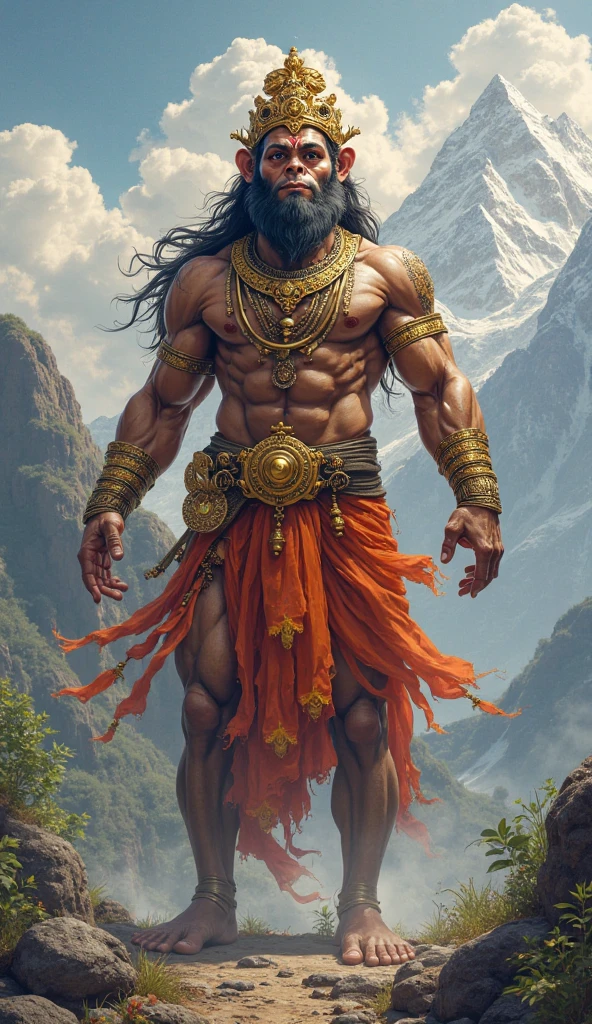 Lord Hanuman Standing on top of a mountain meditating, adorned with jewels and crown