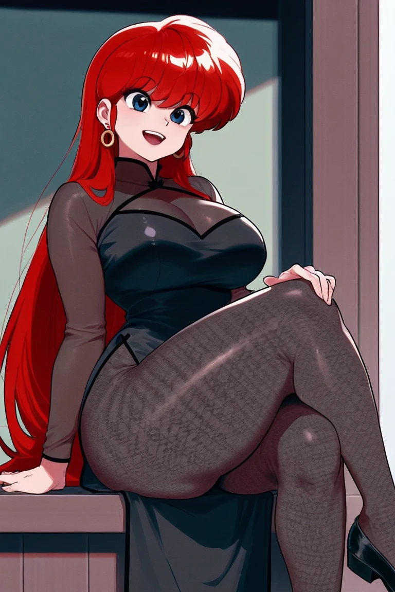 chubby, woman, thick waist, large chest, red messy hair, gray cat ears on head, blue eyes, gray short shorts, thicc thighs, long black vest, black combat boots, fat, larger body, chubby face, face with blush, cleavage visable, boob window