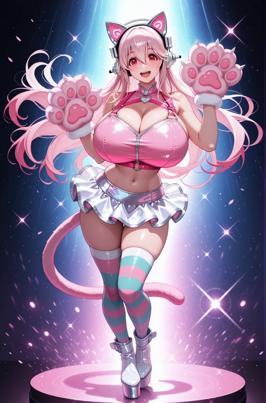 Happy , with wolf ears and pink hair, holding her cheeks, wolf tail, wearing a latex dress, looking at veiwer, full body, you can see her chest, naked breasts