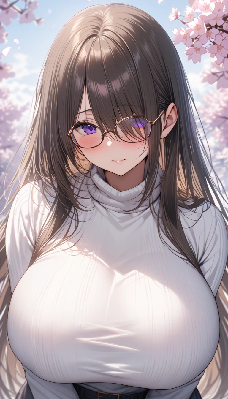 master-piece, bestquality, 1girls,, View viewers from front, HD, slight smile, big tits, cleavage, tights cloth, , tiny body, lied, outdoor, mountain, wear glasses, under tits cleavage, look down,