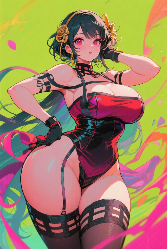 blush, cleavage,, red eyes, red fingerless gloves,glowing aura, natural light, masterpiece,  glossy skin, juicy lips ,long hair, cute, kawaii, adorable, reaching up, adult, cuddle, kawaii clothes,random hair style, random clothes, black hair, (((pink streaks in hair))), yellow eyes, ((black hair)), snake, random pose, random background, random action, sexy, hot, ?????? slip, full body, random expression