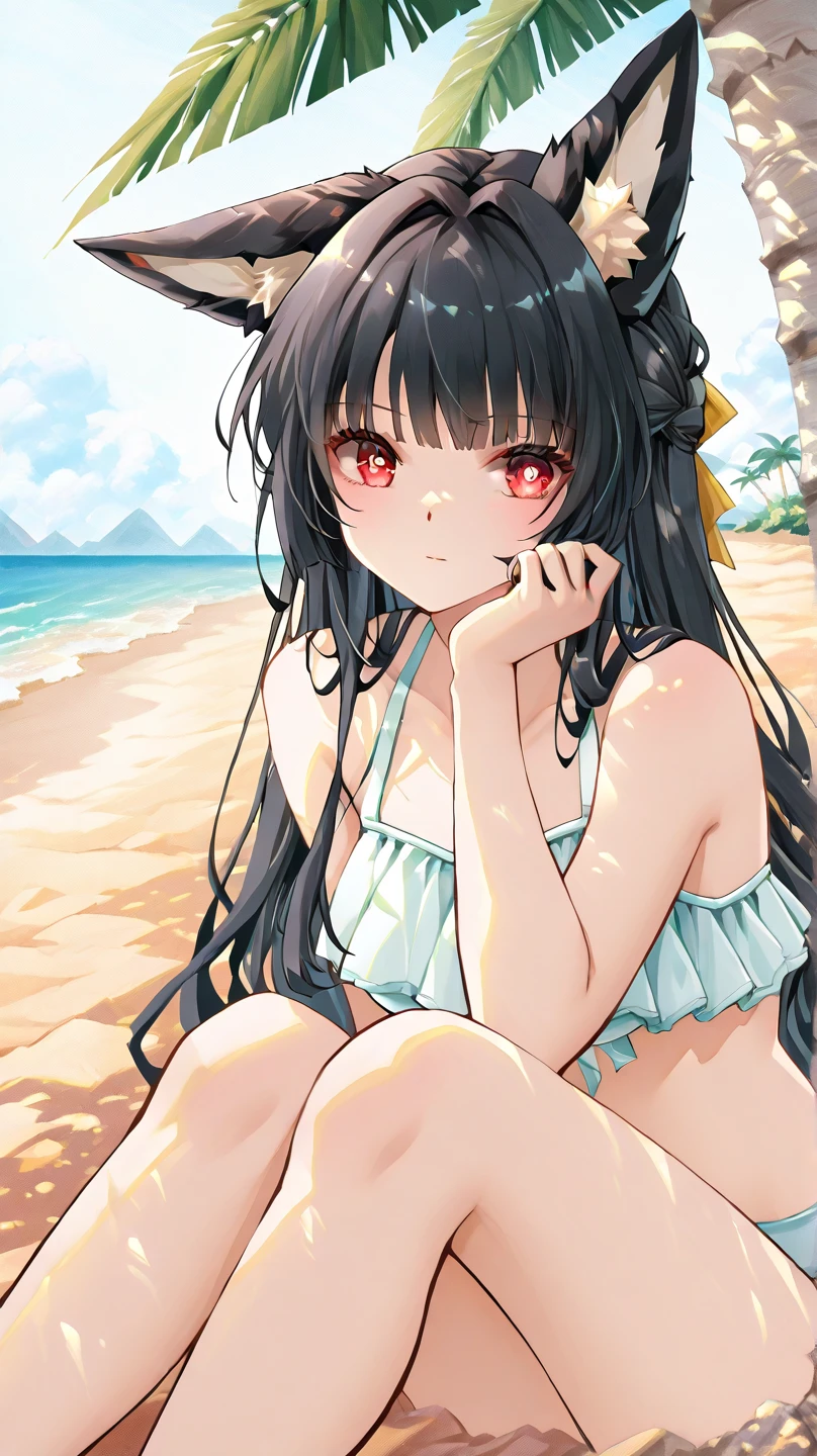 beach, cat girl, tail, upper body, press crotch with tail, masturbation with tail, bikini, large breasts <lora:tail pussy-001_0.7:1>
