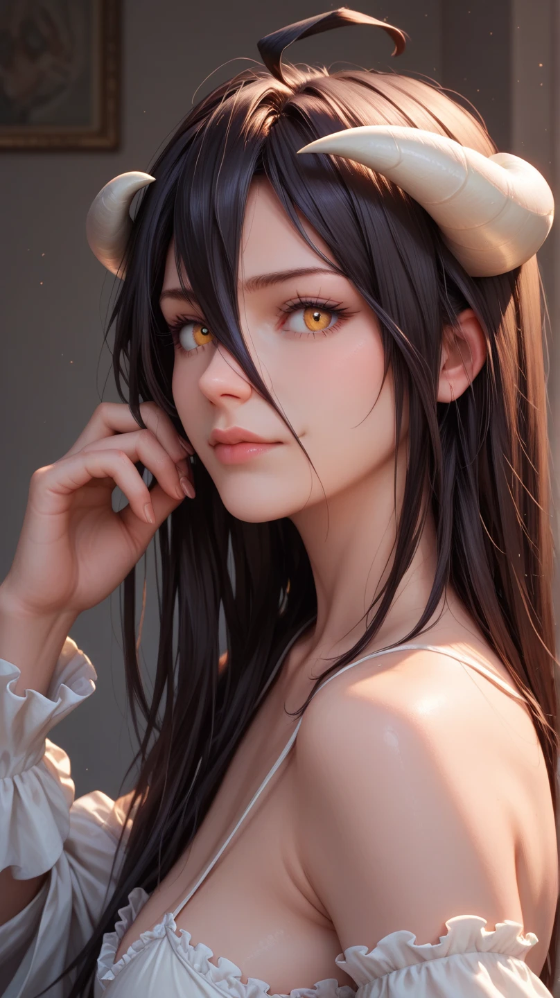 (highly detailed:1.3),upper body, 1girl, solo
Albedo, white gloves, (yellow eyes:1.2), black hair
Ultra-detail,(highres:1.1),best quality,(masterpiece:1.3),cinematic lighting,
(detailed face and eyes:1.3), (horns)