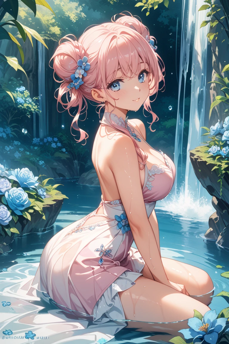 (Water Play, in blue marine:1.5), Masterpiece, best quality, (very detailed CG unity 8k wallpaper), (best quality), High definition RAW color art, Animation,sculptures, (pink Marble Skin), (((Ultra detailed elegant))), Magical atmosphere, Detailed skin, Texture,(Intricately detailed, Fine detail, ultra-detail art), depth of fields, bokeh, Silky Touch, Hyper Detail, beautiful eyes, Elegant Face, (playing on pastel pink waterfront), sparkle background, enormous breast:1.3, (silver hair), pastel purple,, muscle, smiley and embarrassing red face, wide open udder, shorthair, 比基尼, Narcissus