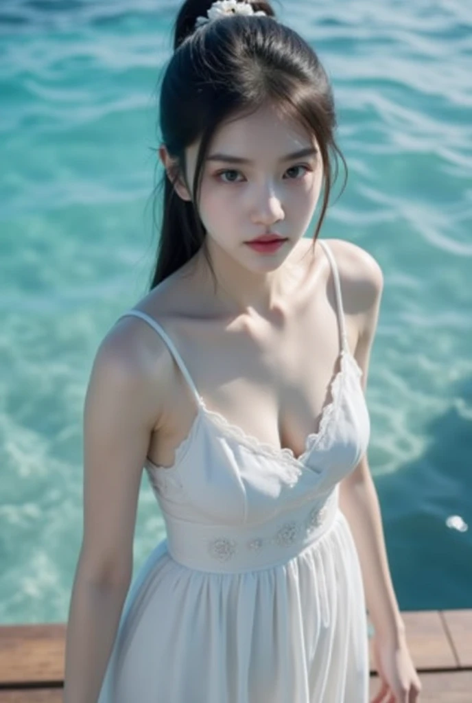 8K、12-year-old beautiful girl,、A detailed face、see-through camisole dresses、Chest depth - in the sea、strong breeze