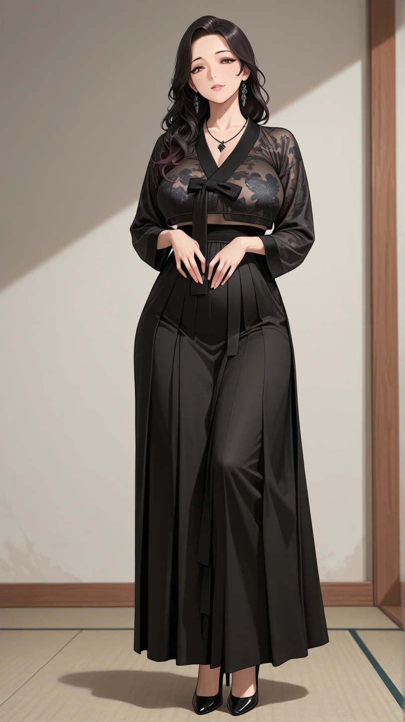 Chubby woman with fat belly and tight thighs, full body, 50-year-old mature woman, thick hips, thick neck, thick chest, big eyes, wearing a longest dress