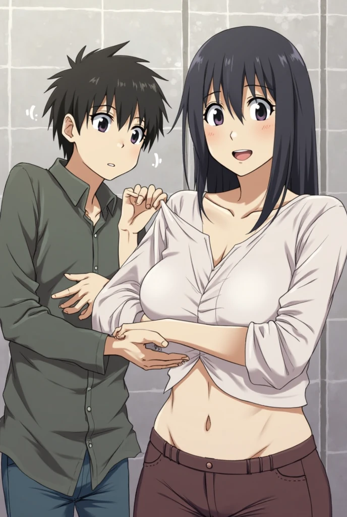 , quality, highres, 1girl, focus, (huge breasts:1.2), , akeno, long hair, black hair, , hair ribbon , ponytail, naked , wide hips , milf body , portrait couple grabbing breasts (bedroom), young woman smile, large breasts, nipples, ((((1boy:grabbing from behind, grab another's breast , boy's hand on breasts , grab_breast))))