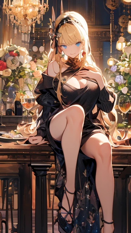 Masterpiece, Best Quality, 8K, Photographic Reality, Realistic, Octane Rendering (1 Woman), (Only One Woman Shown: 1.4) (White Dress Studded with Yellow Gold Rimmed), (Golden Hair Covered with Hair), Sleep with Eyes Closed, (Sleep on Black Sofa) (Upper Body Front Display) (Lots of wine bottles on the table: 1.2)