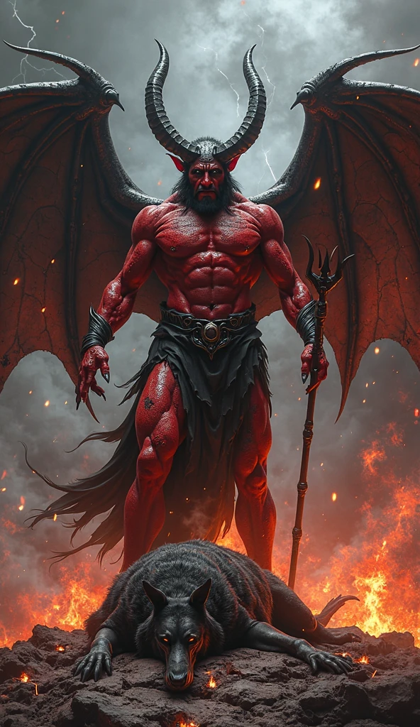 hairy chest, body only, muscular, red skin, dark gray hair, knight kneeling, huge pecs, huge body, big arms, eight-pack abs, black jockstrap, big bulge with balls, chain bind around body, Lu Bu, bat wings, two black small horns, demon, red pupils, red iris, black sclera, spiral eyes, red skinned, big penis