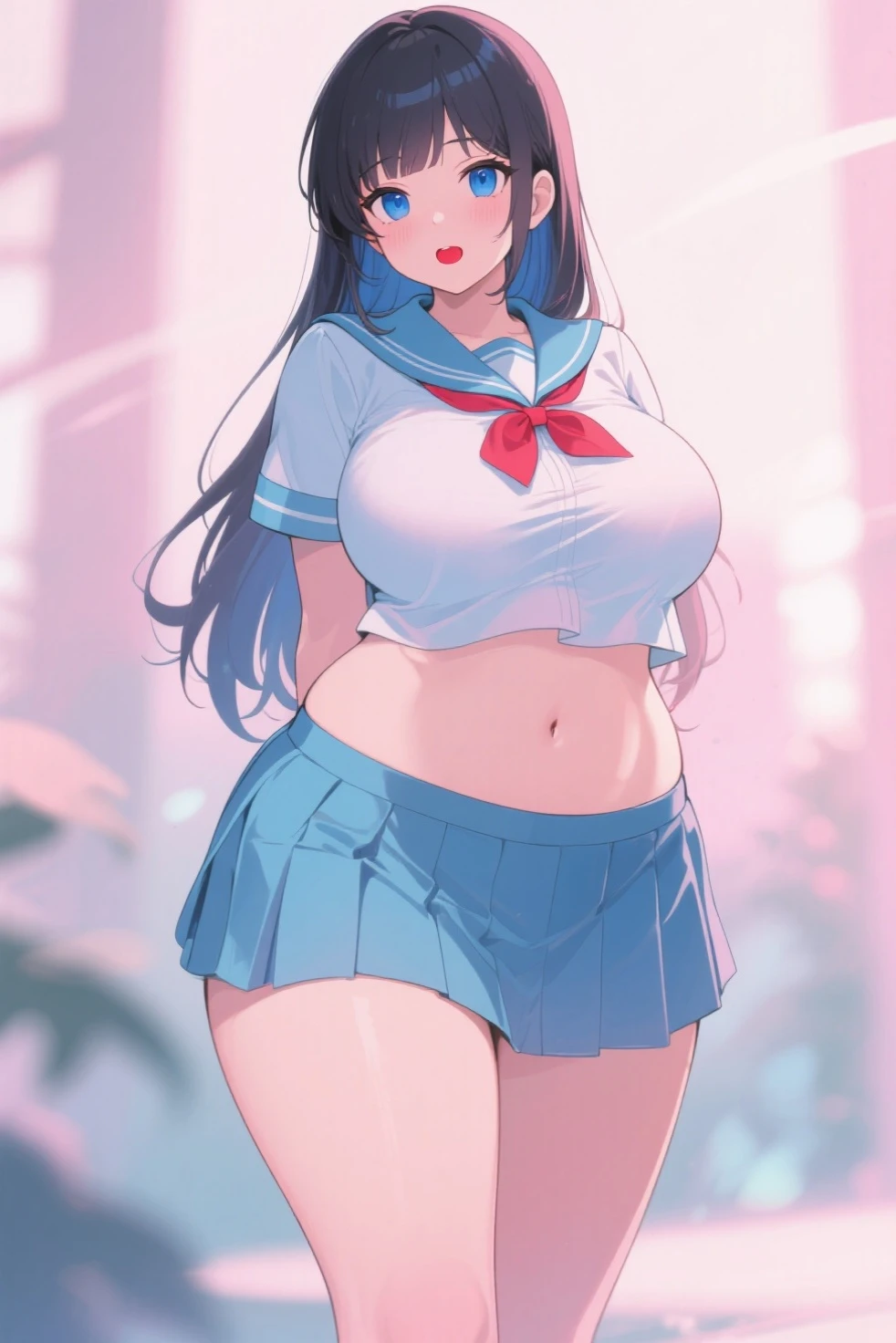 (((high quality, High resolution, ))),Japanese women,14-year-old face,Iris,Brown eyes,iris,Black Hair,bangs,Long hair down the back,,Straight hair,Soft lips,Lipid muscle,(Big Breasts),plump belly,Big Ass,tall stature,camisole,mini skirt,((Show your whole body)),(Front view 1.1),