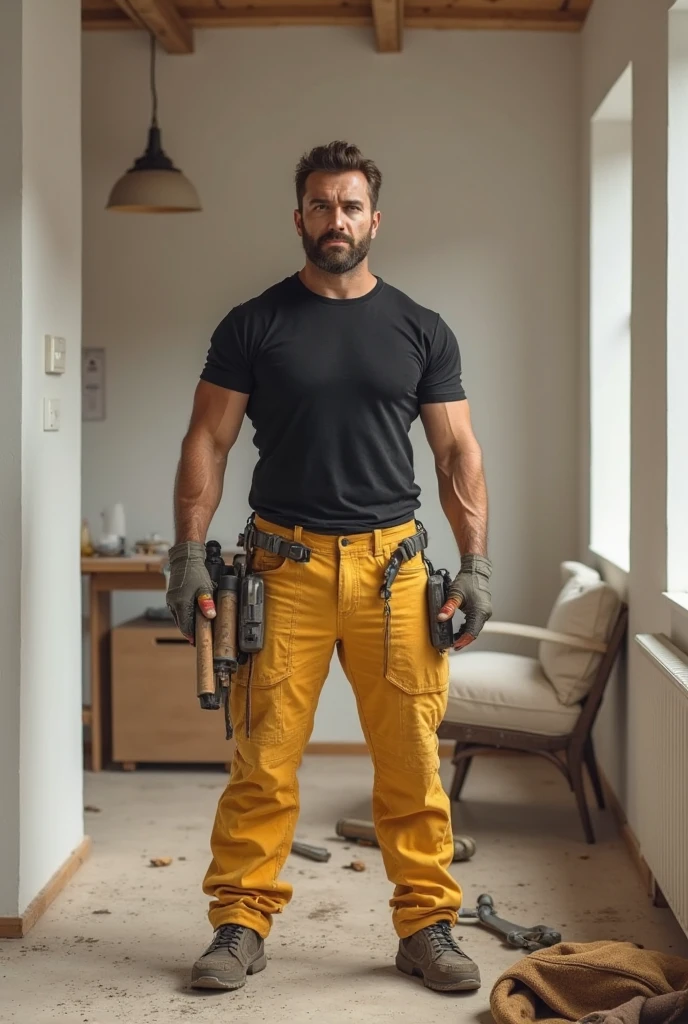 <lora:workTrousers:1> construction worker standing on scaffolding, dirty work trousers, body hair, beard, shirtless, immaculate lighting, rim lighting, [intricate detailed eyes]