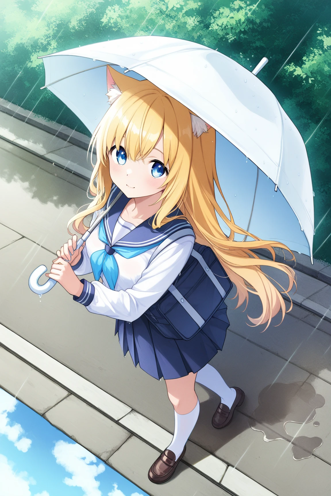 akamatsu ken <lora:akamatsu_ken_offset:1.2>, masterpiece, best quality, 1girl, alternate costume, blonde hair, hair tubes, long hair, rain, red eyes, robot ears, school uniform, serafuku, smile, socks, solo, squatting, umbrella, undone neck ribbon, wet, wet clothes
