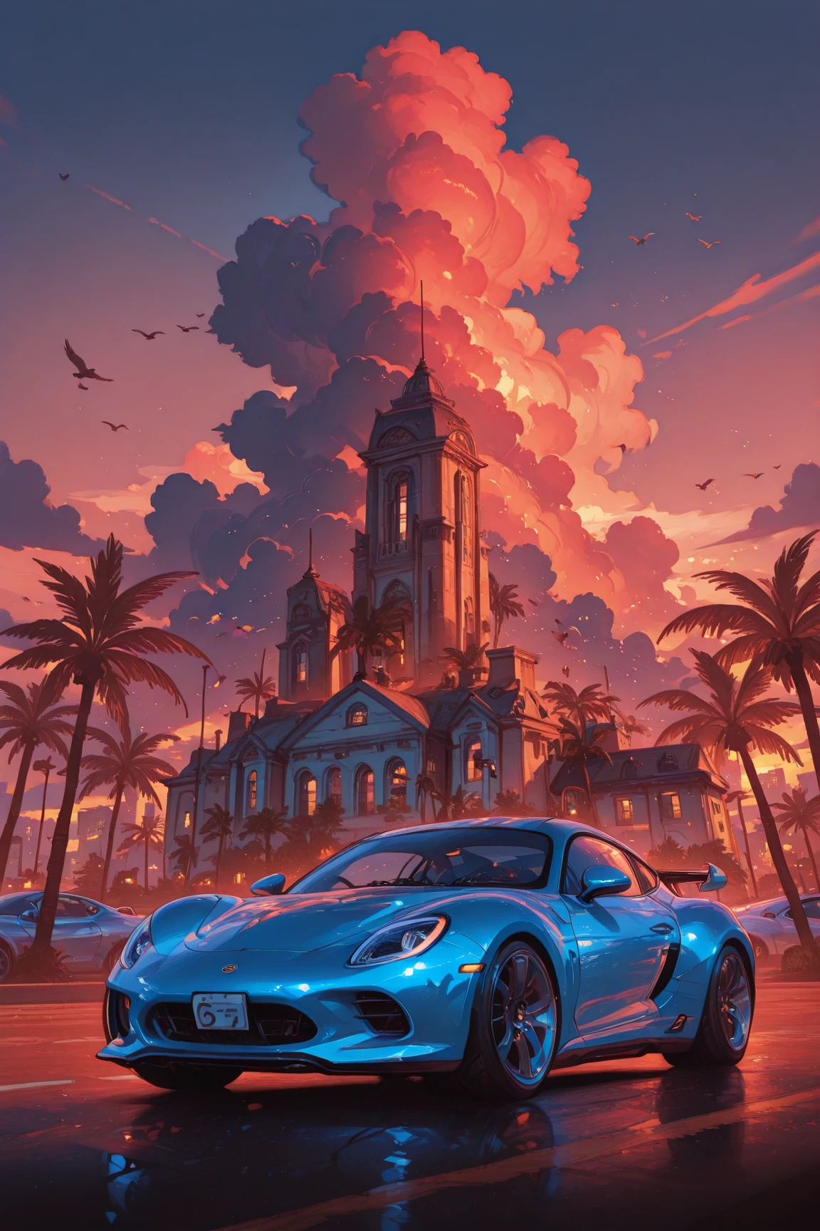 masterpiece, best quality, amazing quality, vibrant colors, high contrast, smooth & soft gradients, stylized realism, cartoon-like details, dreamy, car, motor vehicle, palm tree, ground vehicle, vehicle focus, tree, no humans, outdoors, sky, cloud, bird, sports car, sunset, building, warm colors, vibrant colors, high contrast, smooth & soft gradients, stylized realism, cartoon-like details, dreamy, car, motor vehicle, palm tree, ground vehicle, vehicle focus, tree, no humans, outdoors, sky, cloud, bird, sports car, sunset, building, warm colors