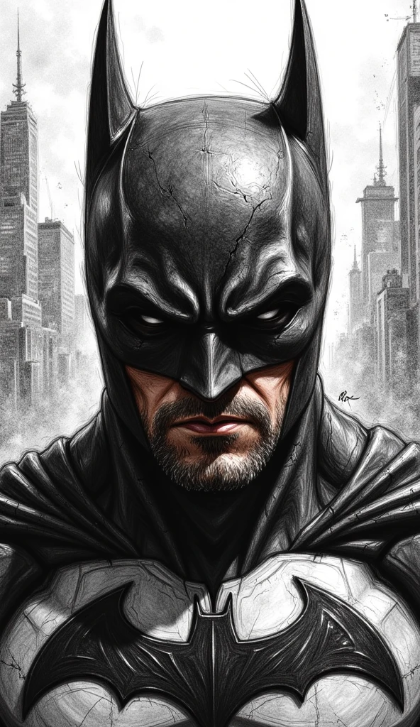 Pencil drawing, black and white, pencil lines, black pencil shading, charcoal drawing, tinted paper, pencil drawing, dark and brutal black and white color palette, gold patterns. In the murky depths of a bustling metropolis, Batman comes to life. A captivating fusion of Batman's iconic image, this enigmatic character is driven by vengeance and justice. His face, mysteriously concealed beneath a mask, exudes an unstoppable aura of determination and resolve. The pulsating energy of the city swirls around Batman, but he is the true heart of the urban landscape. His presence permeates even the darkest crevices and makes villains shudder at the mere thought of retribution and justice. Endowed with extraordinary power, Batman is ready to uphold order.