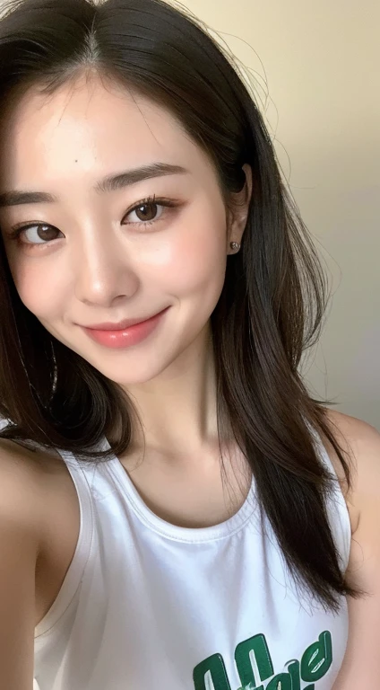 ((Best picture quality, 8K, tmasterpiece:1.3)), 1girll, Beautiful woman with slender abs:1.3, (Casual hairstyle, :1.2), Sexy bandeau,Ultra-fine face, A detailed eye, 二重まぶた,ssmile。Take pictures in cute poses,The figure is very bad,tiny small waist,Super big breasts,Close-up,Close-up chest,White-skinned,beatiful background