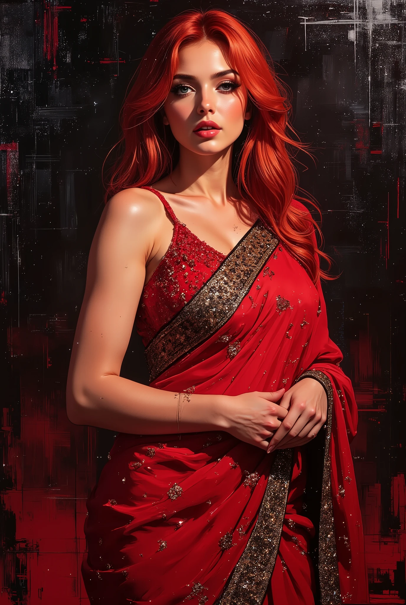 Mosaic painting black to red color gradient background, oil painting with visible impressionistic strokes of A sexy gorgeous woman ,long dak red hair, big breasts, in beautiful with red bedazzled saree ,8k Ultra HD detailed Footage.