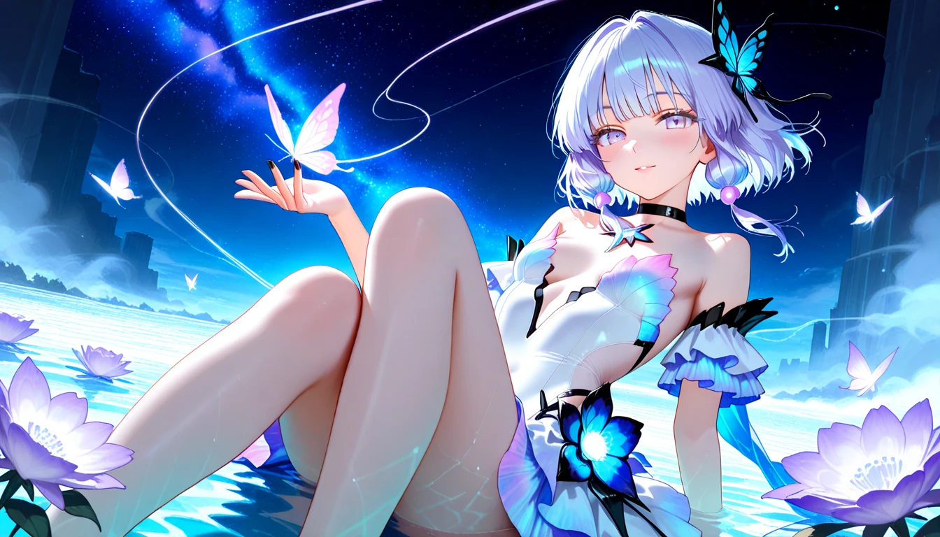 high-level image quality、top-quality、Detailed drawing、Does not blush cheeks、Slender beauty、Docile、AS-Adult、faerie、Sailorsk swimsuit、knee high、Niso、Small eyes、Smaller chest、Jump cheerfully、Contrasty、Very short hair、Dancing regime