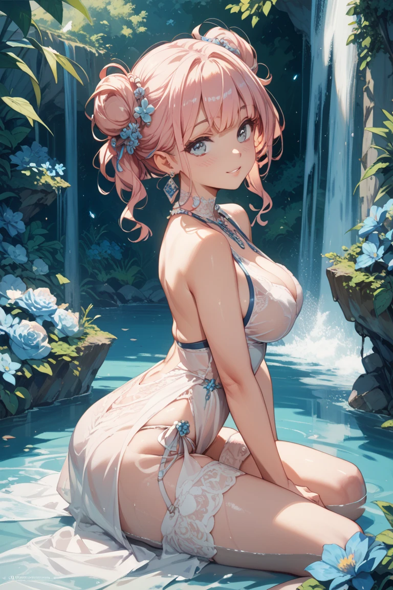((top quality)),(ultra high resolution),(Super detailed細),(detailed description),((the most picturesque works of art),super precision art,amazing art of depiction,fantasy art:1.5, ((Beautiful flowers々:1.5)), (Body eroded by flowers:1.0),glamorous body:1.3,fancy background effects、masterpiece、fancy details、(NSFW 1.1), ((1 girl)), ((muste piece)), ((extremely detailed:1.3)), in crystal clear water,beautiful woman entering the lake, ((tied pink hair)), wet hair, Wearing a light transparent dress, Bathing clothed, steam, (Rose petals floating in water:1.3), early morning light, ivory gold AI, windows, crepuscular lighting, 、see-through lace underwear、very huge boobs、Pink nipples、pink areola,透けて見えるPink nipples、透明なpink areola、lace and string shorts.、princess carry,Sexy lingerie with lace and strings,See-through sexy lingerie,transparent lingerie、translucent dress、pearlescent、pearl、sexy harness、sexy garter belt、sexy stockings、Arranged,intimate, rose garden、colorful roses、lake with floating roses、lying down、open legs、spread your legs、open thighs、soak in water、wet body、splash of water、gorgeous flower decoration、big flower、stylish hair、the moon, Lantern, night time, solo, water play, The water, hair flower, flower, Outdoors, sky porn, full the moon, Shigure, Lantern, clothes soaked in water, sky porn, wet hair (((muste piece),(Highly detailed CG Unity 8K wallpaper),best quality,cinematic lighting,detailed background,beautiful detailed eyes,bright pupils, (very delicate and beautiful),(Beautiful and detailed eye description), Super detailed,muste piece,)),((Crimson eyes))、greenhouse、garden、temple、