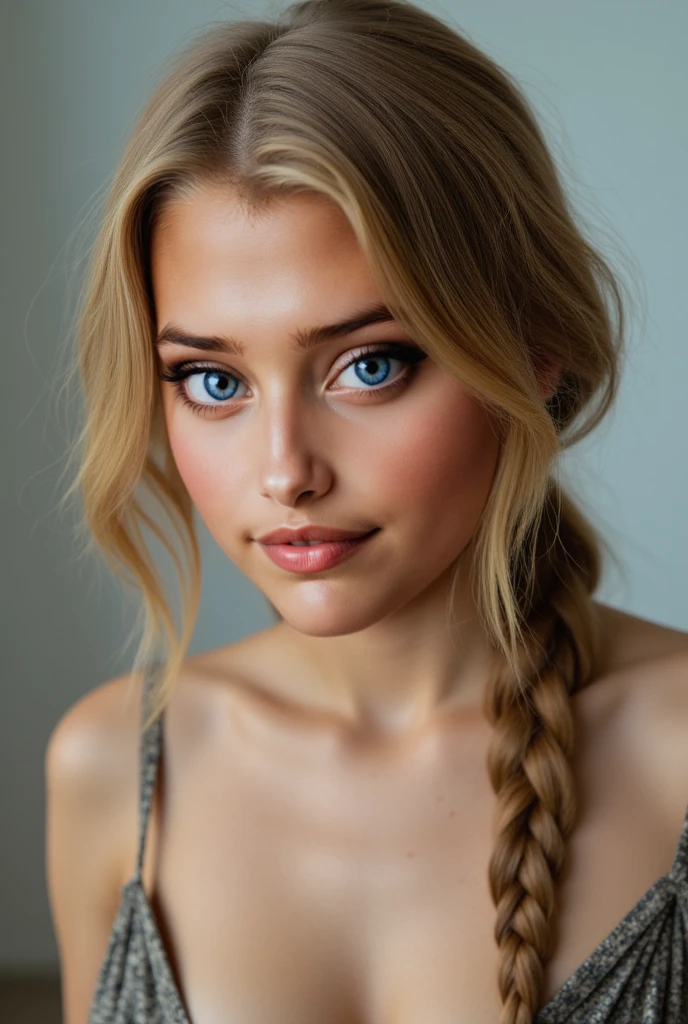 Izabela Ion, blue_eyes, close up, blonde hair, blue eyes, hair ribbon, ribbon, braids, hair braids, red ribbon, erotic smile, erotic eyes, (face focus:0.8), (realism:1.2), (masterpiece:1.2), (best quality), (ultra detailed), (8k, intricate), (85mm), light particles, lighting, (detailed eyes:1.2), (highly detailed:1.2), (dynamic angle:1.2), (gradients), colorful, daylight,full lips, detailed background, depth of field, volumetric lighting, sharp focus, absurdres, realistic proportions, good anatomy, (realistic, hyperrealistic:1.4), 16k hdr, show nipples, medium breasts, show vagina, spread legs.