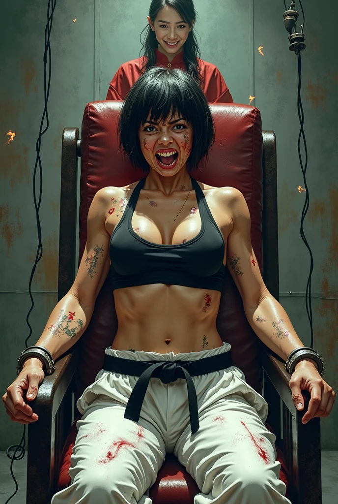 Woman strapped to electric chair　gym　Short Hair　Gymnastics　uniform　White knee socks　Just below the knee　Severe pain　Crying　Cry　Glare　Handcuffs　Shackles　Electric shock　Wide-open legs　Electrodes on the nipples
