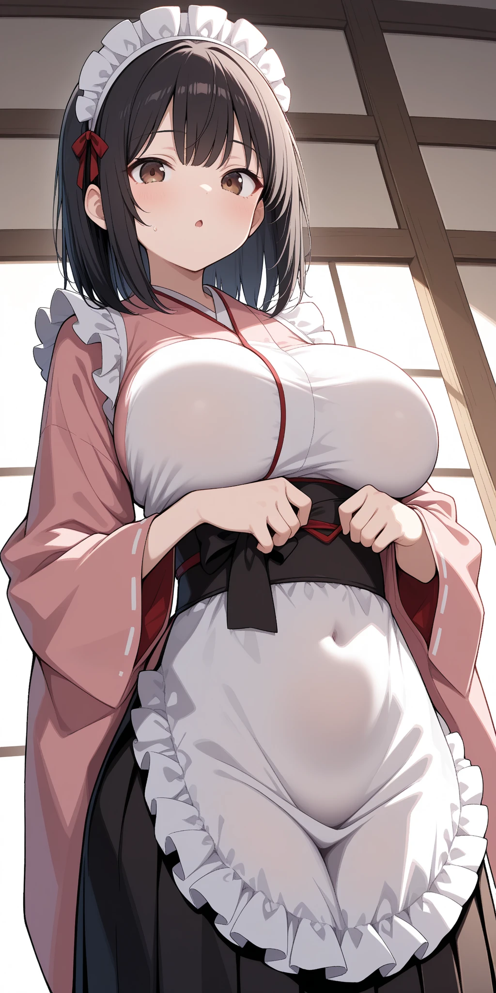 choker, maid headdress, black kimono, wide sleeves, frills, obi, white apron, sleeves past wrists, skirt, red skirt, brown footwear, cross-laced footwear、Huge breasts、White micro bikini、Staring at a huge penis、Surprised、blush、Upper Body