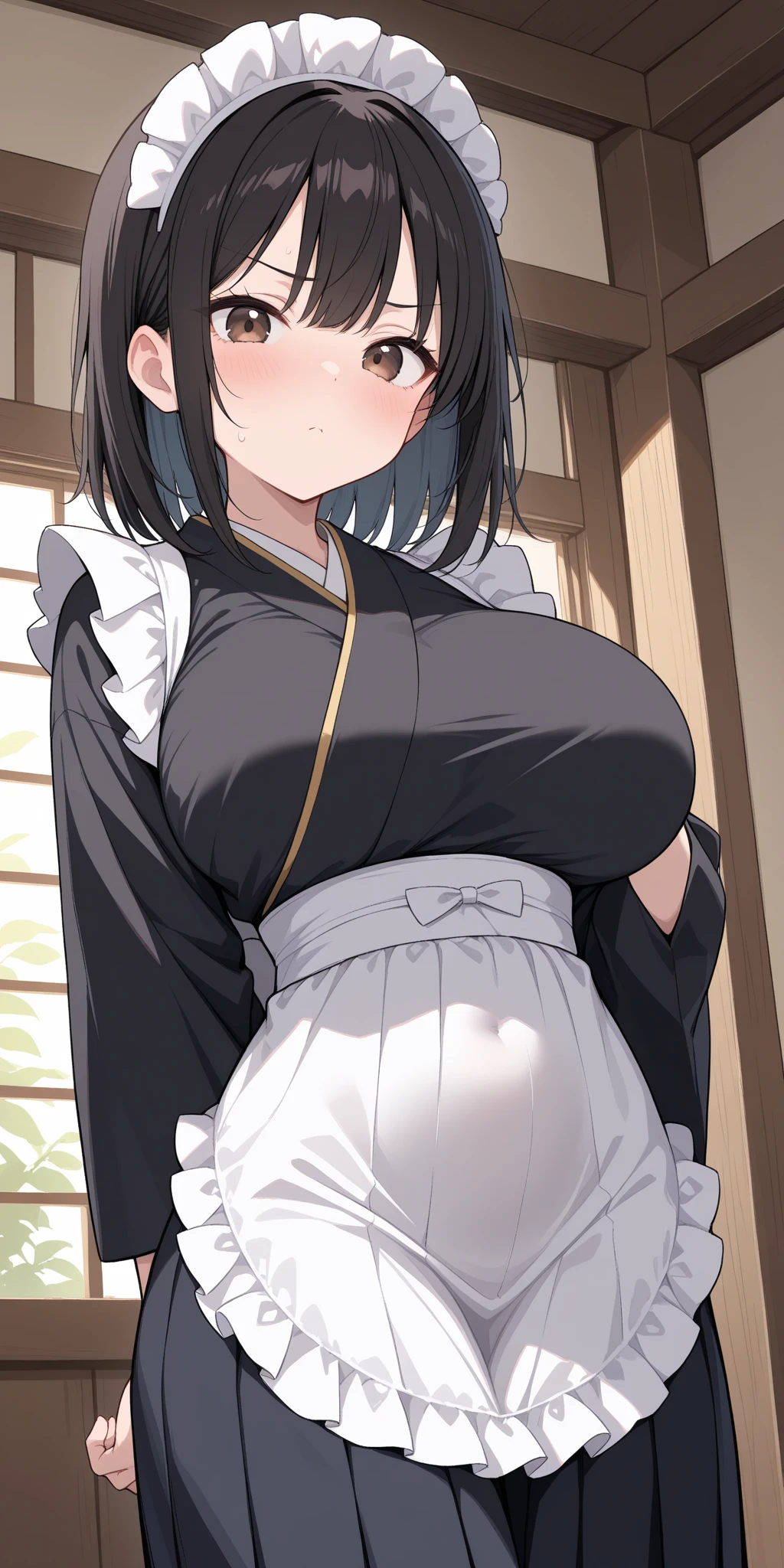 1girl, big tit,Japanese style maid clothes,winter,old Japanese village,best quality, masterpiece, 8K, ultra detailed