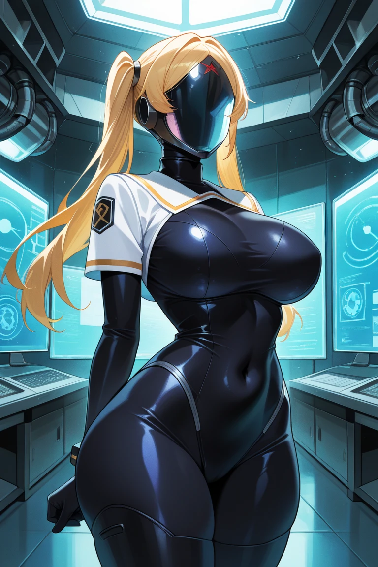 Woman in a futuristic suit, Highly detailed face, Nice, pretty girl, Tomboy, Very large breasts, Adult face, (Women with saggy breasts), (A cyber suit with a wide opening at the chest:1.3), Anime girl in a tight suit, Milfication, Elegant body, Focus on the navel, nude, gloves, Earrings, sf, Female protagonist, Are standing, Volumetric Light, Detailed lighting, Detailed Texture, BoobsCyberpunk, Biomechanical OPPAI, masterpiece, Top quality eyes, sfの背景, Futuristic landscape, Low Angle、Yellow bodysuit
