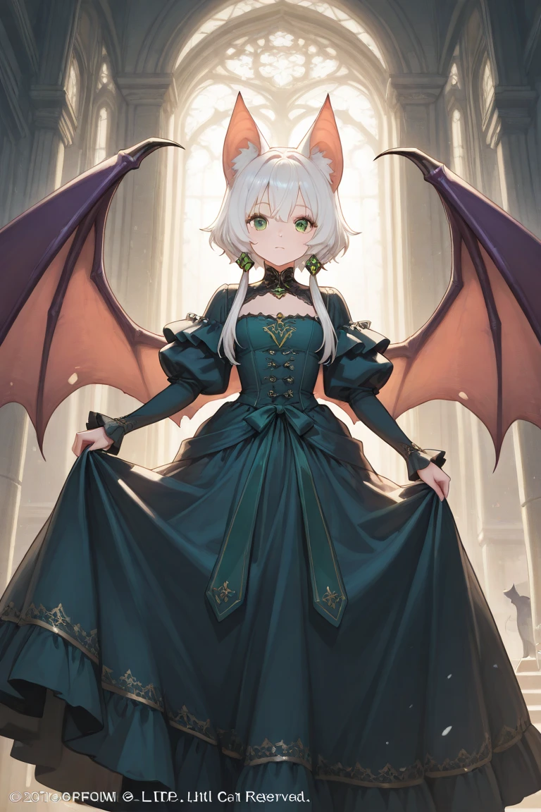 (((perfect quality, perfect anatomy, perfect body, beautiful, masterpiece, ultra detailed, 32K))), fullbody, 1girl, s old, (shiny silver hair), (Airy bob cut, bang between eyes, beautiful hair, glossy silver eyes, beautiful eyes, twinkle eyes, large breast), 1 beautiful girl, cute face, beautiful face, pretty face, beautiful, best quality, good anatomy, shiny skin, BREAK 
(Draconic Majesty-inspired dress, featuring elements of dragon scales and fire, with a color palette of emerald green and bronze:1.2),
(dress has a fitted bodice with a high neckline, adorned with intricate scale patterns in shimmering emerald and bronze thread, sleeves are long and dramatic, with flame-like appliques in metallic fabric),
(skirt is floor-length with a mermaid silhouette, crafted from layers of silk and organza, creating a flowing effect that mimics the movement of dragon wings, hemline is embellished with beadwork and fiery motifs:1.2),
(Accessories include a bronze tiara with dragon motifs and matching earrings, completing the regal and mystical look), BREAK Ballroom in a top-of-the-line hotel, SimplePositiveXLv2