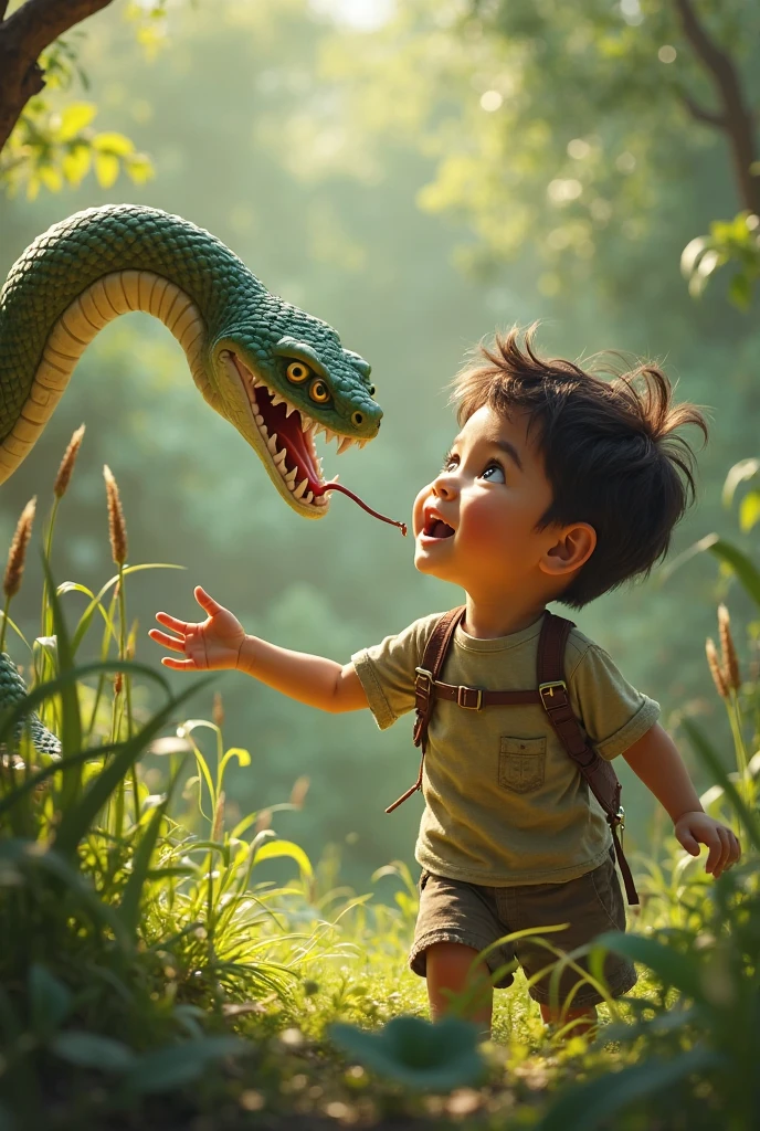 A boy playing with a snake in a jungle 