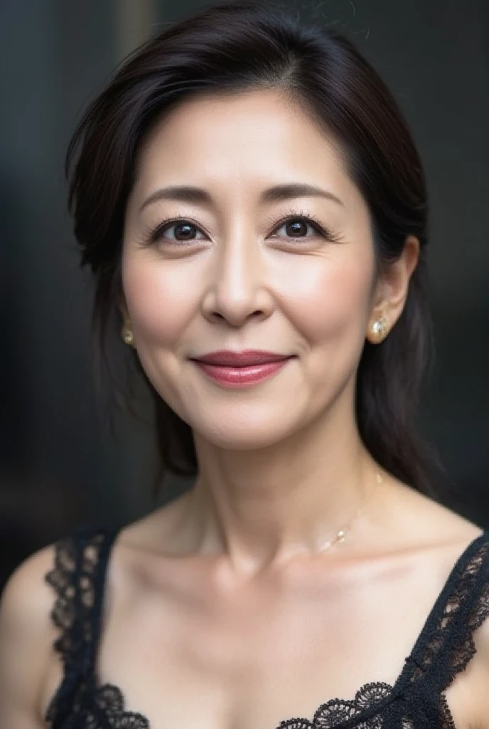 Middle-aged Asian woman in adras dress, depicted with a flirtatious expression, the figure is turned slightly towards the right shoulder, at an angle of 20%, front to back view. the hair is long, blond, with a blue tint. Professional color correction with soft shadows, professional studio lighting.