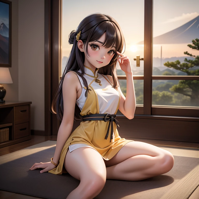(eyes realistic sizing, drooping eyes), (showing off her super detailed drawing luxury panties with lace), she has pubic hair, crouching, jumping-casual-dress, spread her legs, outside, dark hour of down,