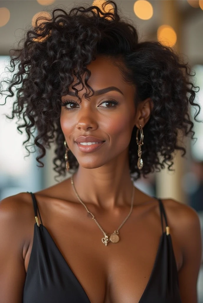 1 , dark skin color, curly hair, Women'Gym clothes, photo in front of the gym mirror