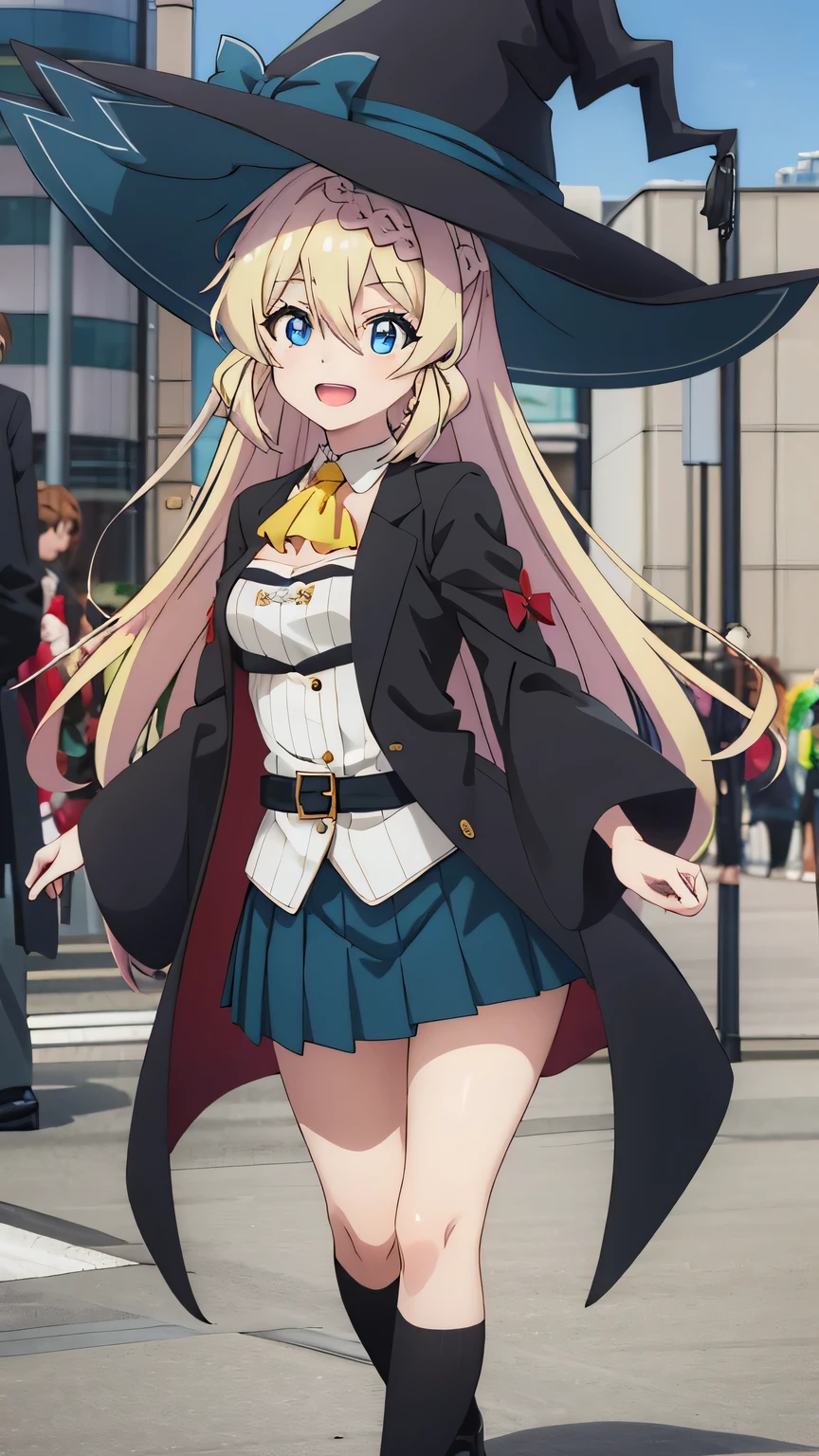 {{{masterpiece}}}, (best quality:1.5), (ultra-detailed:1.5), {illustration}, {{an extremely delicate and beautiful}}, (beautiful detailed eyes:1.6), absurdres, highres, extremely detailed face, 16k, hd, visual anime de uma jovem mulher, extremamente bonito rosto de anime, anime melhor garota, (perfect hands, perfect anatomy), anime face, Aizawa Azusa (Slime Taoshite 300-nen, Shiranai Uchi ni Level Max ni Nattemashita), aizawaazusa, 1girl, solo, cute face, long hair, blonde hair, very long hair, braid, (low-tied long hair:1.3), sidelocks, hair between eyes, blue eyes, slender, medium breasts, big hips, curvaceous, BREAK, witch, witch hat, (witch coat:1.2), black coat, long sleeves, wide sleeves, juliet sleeves, (gray lining:1.2), open coat, white shirt, detached collar, yellow ascot, strapless, (black belt:1.2), green skirt, mini pleated skirt, (microskirt:1.5), white petticoat, BREAK, open mouth, smiling, flushed cheeks, pointing, dancing, walking, flushed cheeks, looking at viewer, outdoor, (tokyo:1.5), marunouchiekimaehiroba, building, scenery, outdoors, city, cityscape, real world location, day, skyscraper, asphalt road, car, sky, tree, daytime, cowboy shot