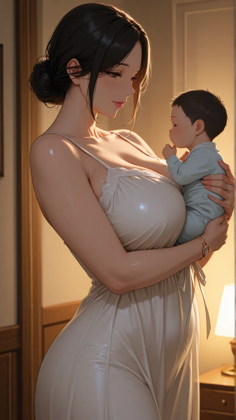 ((1 mother and her young son)),Delicate details on the lips,a milf,aationh trend,intricate face details,curvy physique,(thick body),vibrant,4k,12k resolution,seductive, mom boy seductive ippo makanaochi, ((see through nightgown, slim body, slim leggs, long leggs : 1.2)