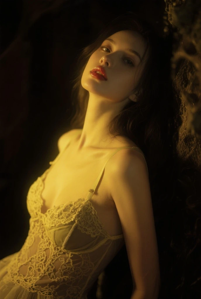 expression of anguish, blushing, legs spread wide, (best quality,4K,8K,highres,masterpiece:1.2),ultra-detailed,(realistic,photorealistic,photo-realistic:1.37),beautiful detailed eyes,beautiful detailed lips,extremely detailed eyes and face,longeyelashes,oil painting,surreal,dark fantasy,dramatic lighting,moody atmosphere,vibrant colors,chiaroscuro Pants are gold-colored negligee with lace vines entangled all over the body Underwater