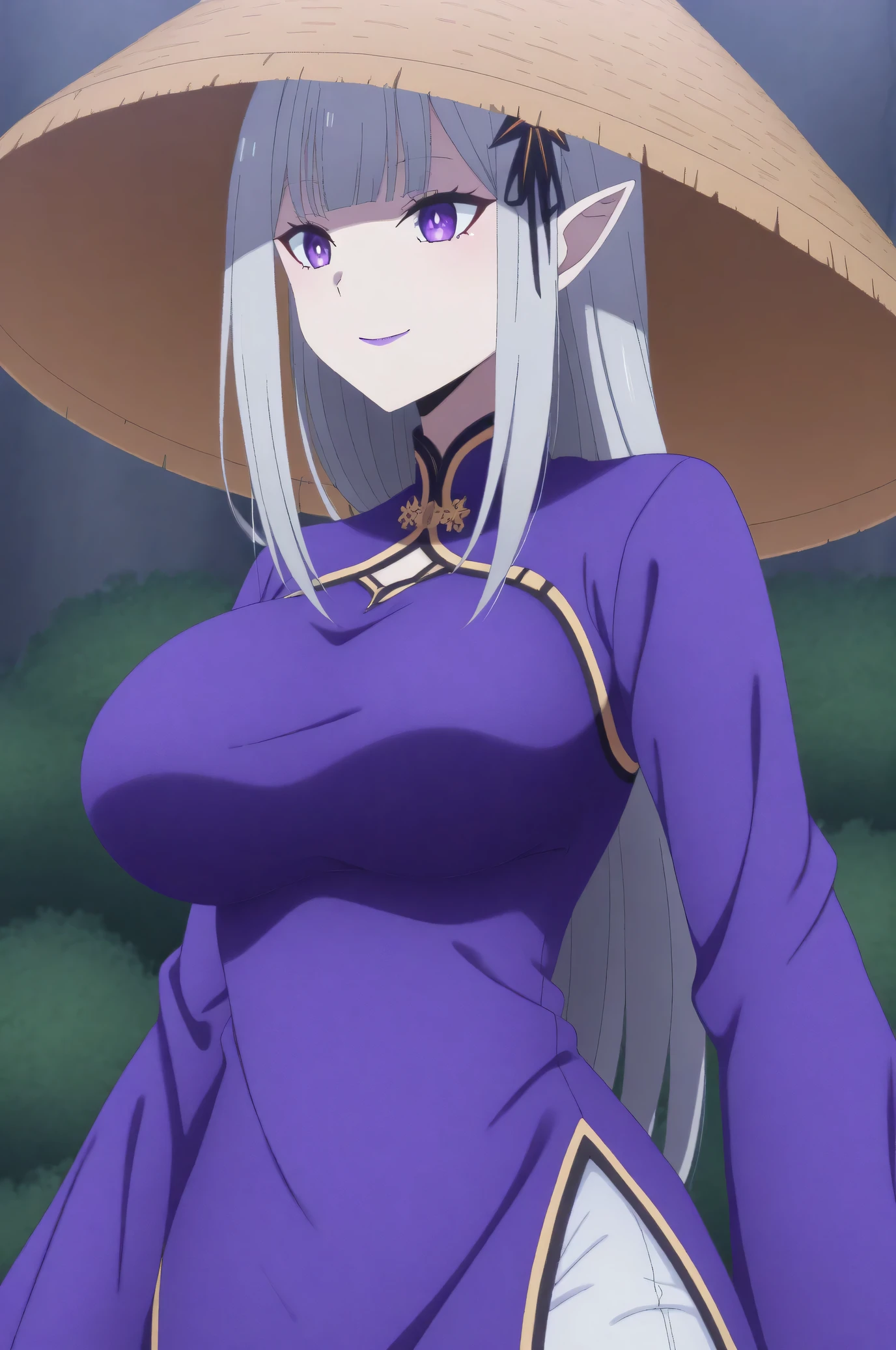 score_7_up, anime screencap, Satella, 1girl, Conical Straw Hat, Anime, 1girl, pointy ears, hair ornament, hair ribbon, silver hair, closed mouth, smiles, purple lips, purple eyes, Big breasts, Vietnamese Ao dai, pants, long sleeves, solo, cowboy shot, Boutdoors,