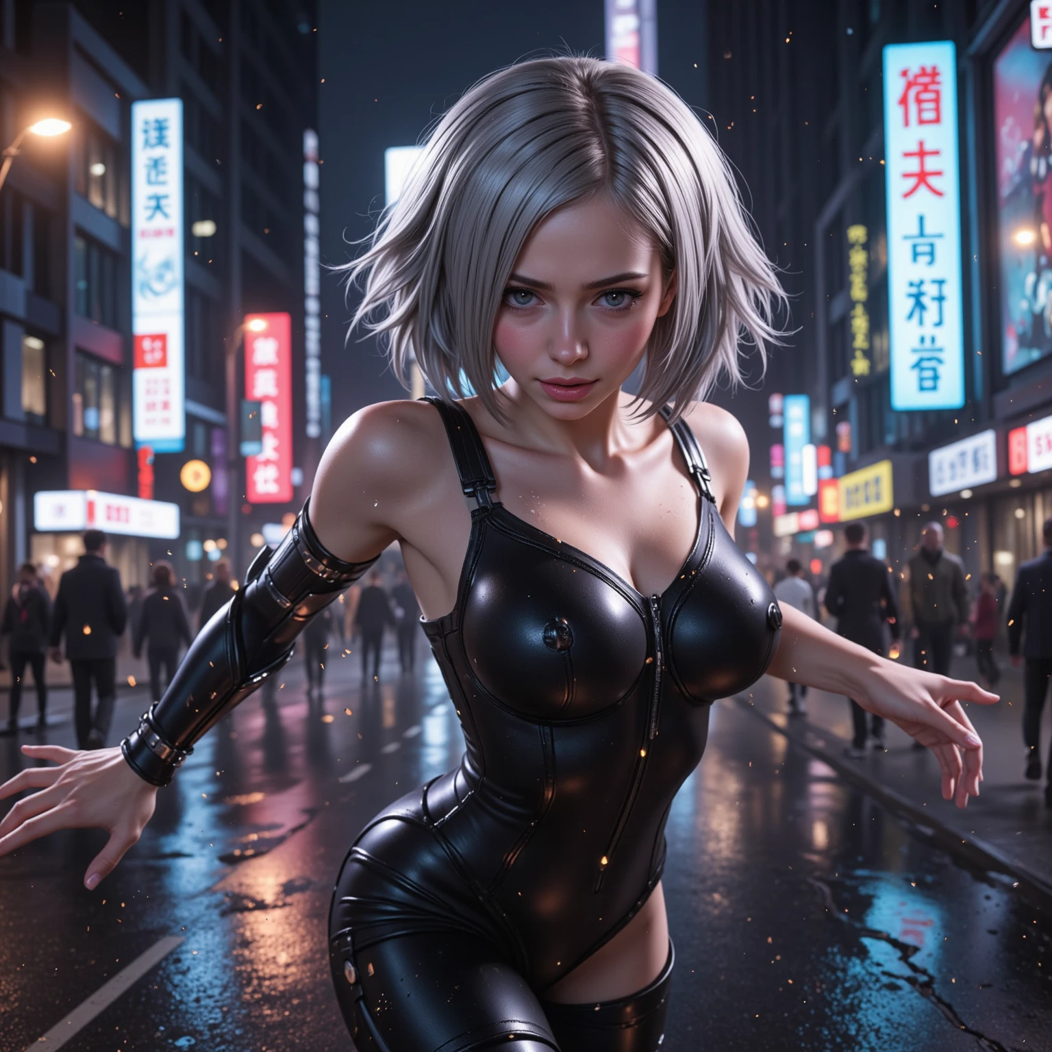 blond haired woman in a silver bikini posing for a picture, anime girl cosplay, 2 b, 2b, 2b from nier automata, 2 b from nier automata, 2b nier automata, cyborg - girl with silver hair, cute cyborg girl, anime cosplay, nier : automata inspired, nier:automata inspired, perfect android girl
