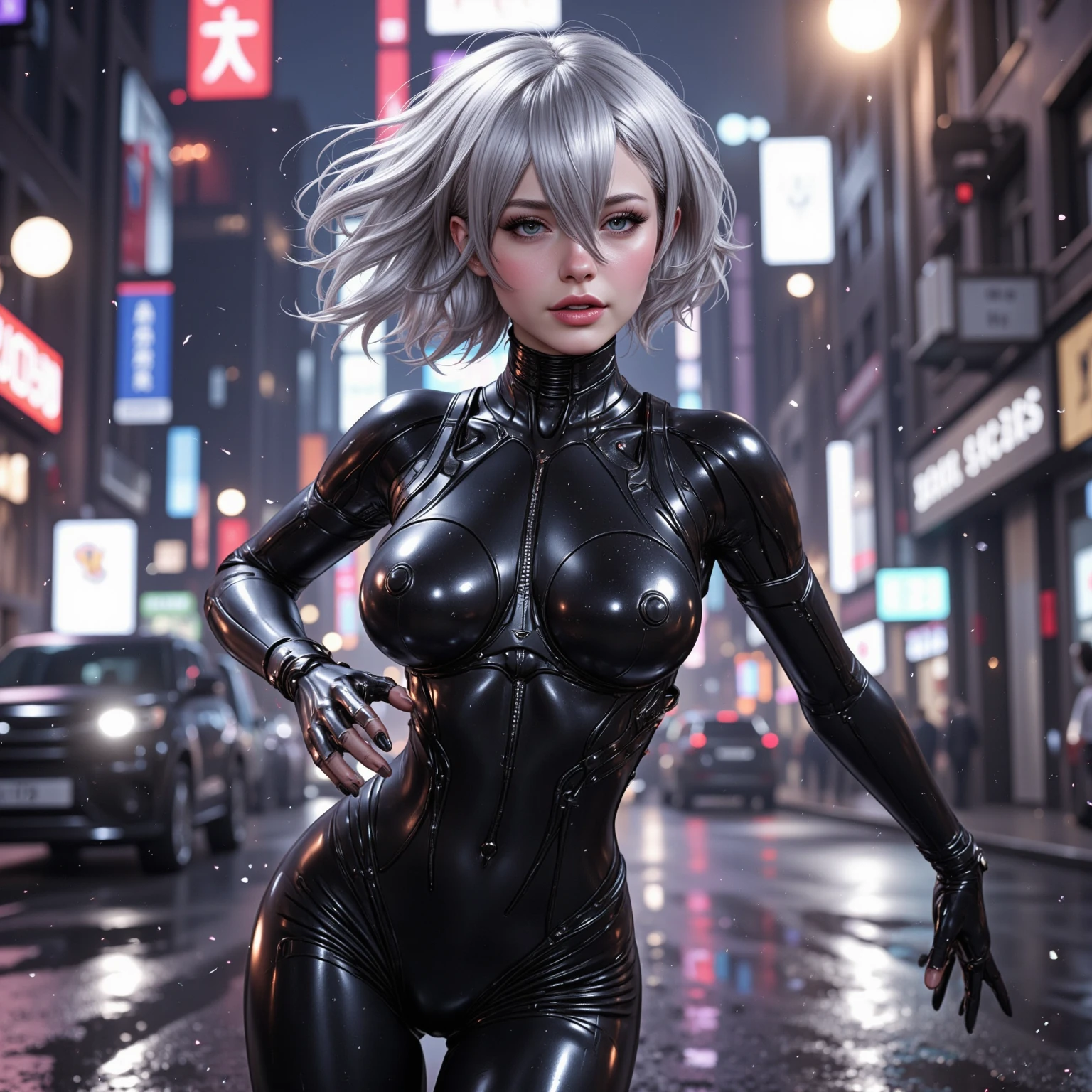 A woman with blue eyes in a shiny bodysuit with black shiny completely hidden fingertips and semi-short silver hair kneeling with her crotch wide open、City at night、Seamless full-body tights、Enamel full-body tights without seams、Full body tights、Beautiful girl with a whole body in black、Open legs、Thrusting hips forward、NSFW