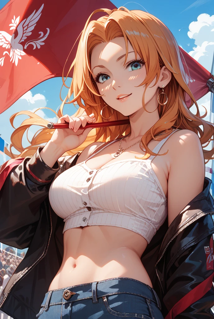 illustration, best quality, ultra detailed, detailed illustration, 1girl, sexy, short blonde hair, sunglasses, head scarf, medium breasts, black bikini top, short shorts, maroon leather jacket, standing straight, flirty smile, running, from behind