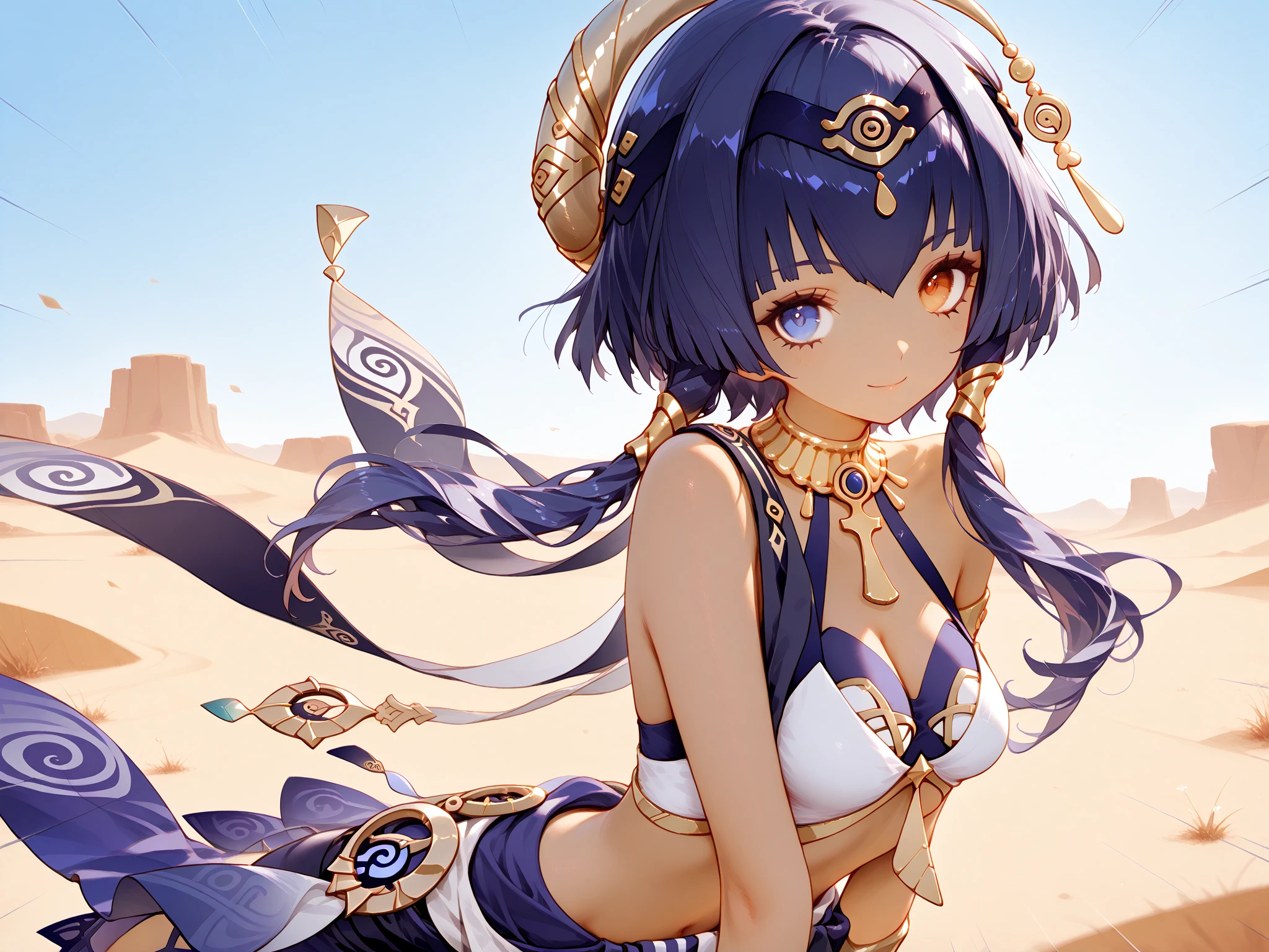 1girl, Angle from the front, The girl bends forward to show off her breasts、(Blade), (Tanned shiny black skin:1.6)、Glowing Eyes, ((grinning with a devilish smile)), (10 years old girl), blondes、Twin tails、forehead、Small breasts, hat, ((((arabian clothes, see-through)), (microphone headband), (Areola Slip), small breasts, (jewelry)))、desert, ((sahara))、((Sit with your legs apart))、M-shaped legs、(股を開く)、(ass),