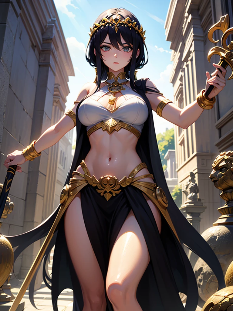 Create a realistic, vibrant and detailed 3D artwork of Mileena, the Empress of Outworld from Mortal Kombat, as a belly dancer. She should have a beautiful face with normal human eyes and Arabian eye makeup, wearing a magenta velvet-chiffon-silk-satin bra with gold coins trims and black leggings with gold hip chains. Accessorize her with gold jewelry, glowing wristbands, and ankle chains. She should dance with an Arabian Scimitar sword in an indoor palace
