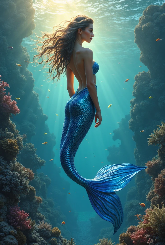 Mermaid with dark skin and black hair, with a very detailed tail with nuances of blue green and lilac and more realistic features