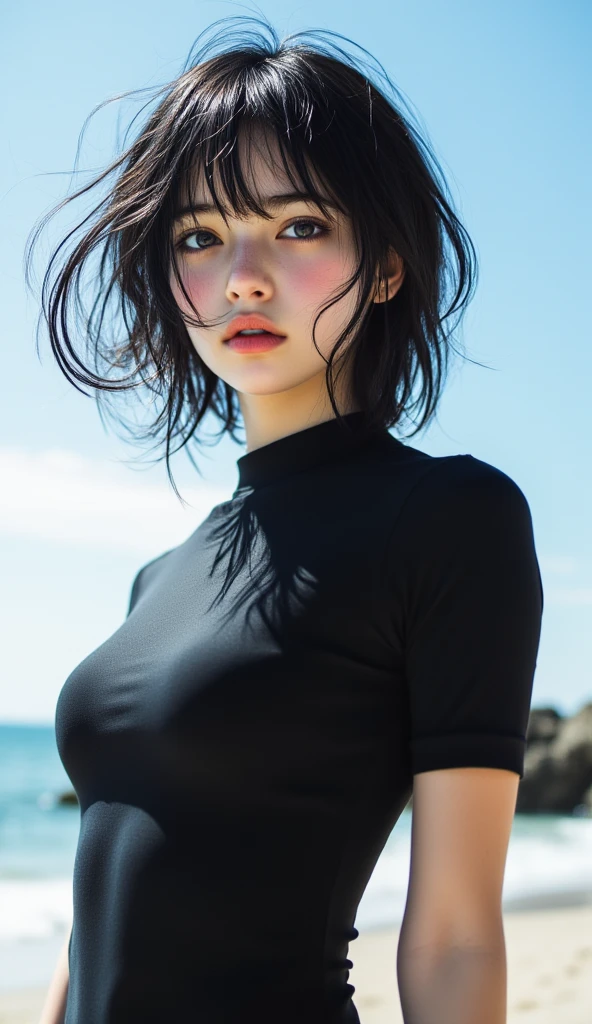 (work of art, best qualityer:1.4), (whole body), 1 girl, standing alone, out, in a desert with sand and dust, tatsumaki, (pelvic curtain:1.2), long sleeves, black gown, (hair green), shorth hair, medium breasts, beautiful smiling, beautiful face, high-detailed face, highly-detailed eyes, highly detailed skin, skin pore, underground dispersal, realisitic pupils, full-face blush, fleshy lips, Depth of field, volumetric lighting, sharp focus, absurderes, realisitic proportions, good anatomy, (realisitic, hyperrealisitic:1.4), 16k hdr